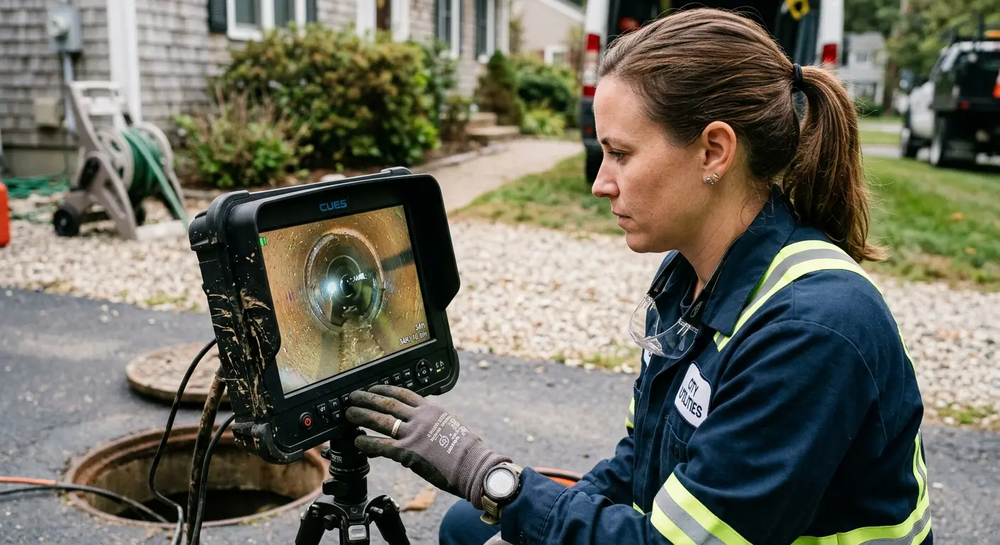 Technician reviewing sewer camera inspection footage in Springfield